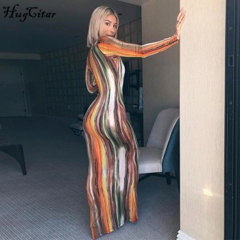 Hugcitar 2020 long sleeve colorful print V-neck bodycon long dress spring women new fashion streetwear party elegant outfits